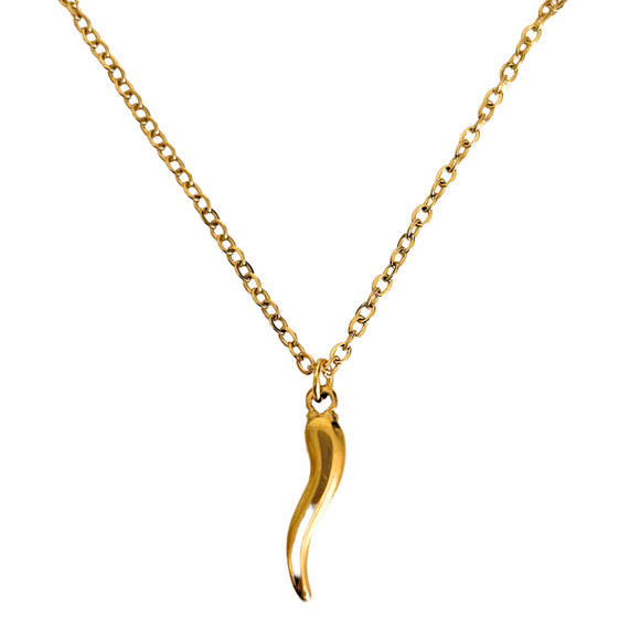 Gold Italian Horn Necklace 2" Pendant 22" Adjustable Chain Amulet Charm - Picture 1 of 4
